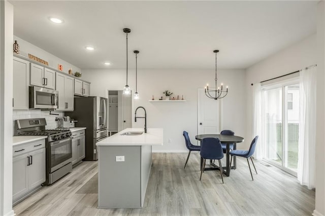 kitchen with appliances with stainless steel finishes, a sink, gray cabinetry, light wood finished floors, and plenty of natural light