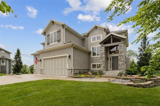 17817 Grandview St, Overland Park, KS 66013 - view of front of house with stone siding, a garage, a front yard, and driveway