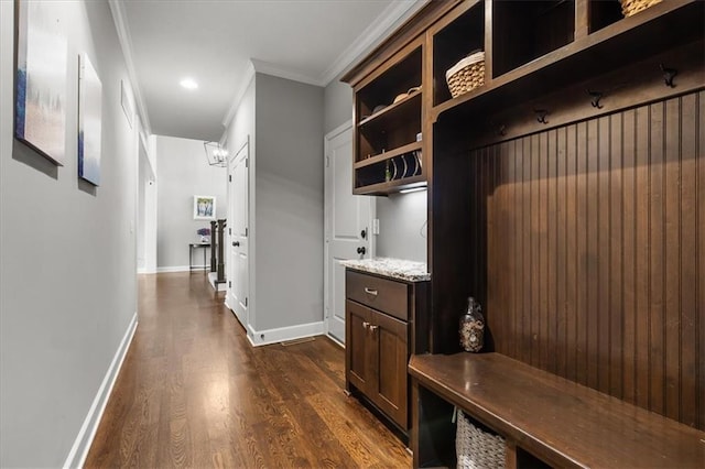 17817 Grandview St, Overland Park, KS 66013 - mudroom with ornamental molding, dark wood-style floors, and baseboards