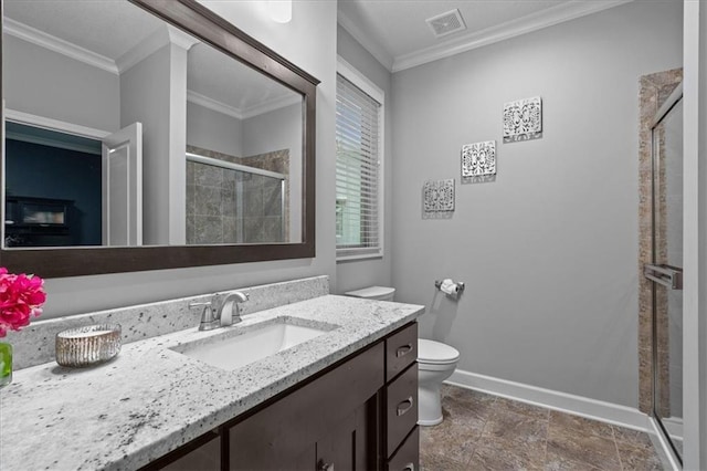 17817 Grandview St, Overland Park, KS 66013 - full bathroom with toilet, ornamental molding, a shower stall, vanity, and baseboards