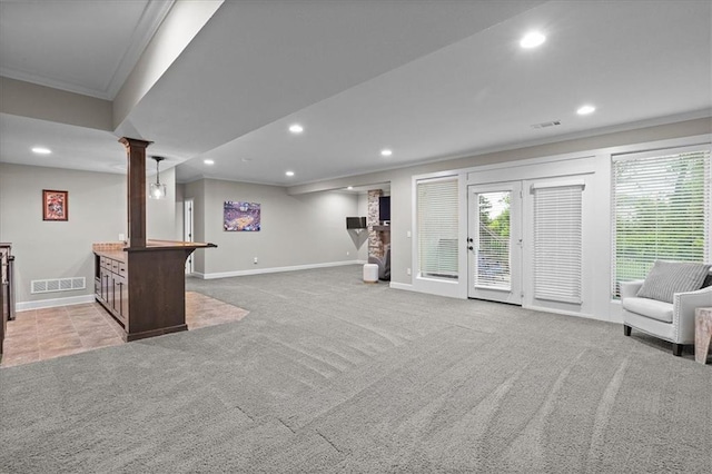 17817 Grandview St, Overland Park, KS 66013 - below grade area with crown molding, carpet, recessed lighting, and baseboards