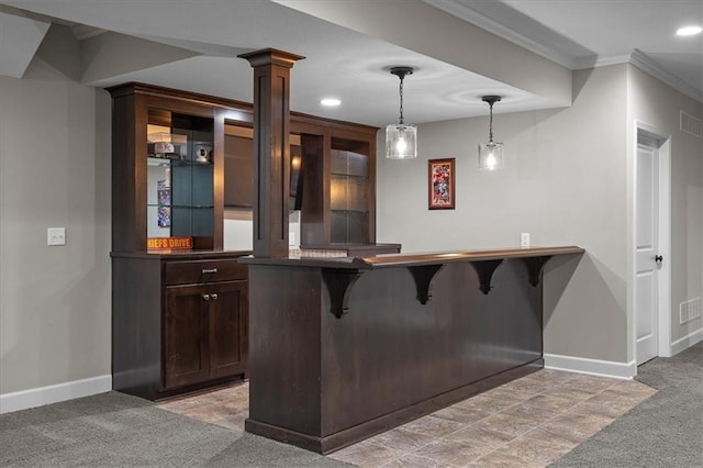 17817 Grandview St, Overland Park, KS 66013 - bar area featuring baseboards, light carpet, ornamental molding, decorative light fixtures, and recessed lighting