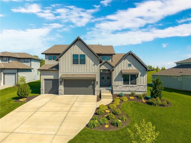 17328 Richards St, Overland Park, KS 66221 - craftsman-style house featuring board and batten siding, stone siding, a garage, and driveway