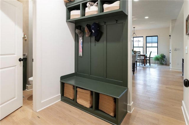 17328 Richards St, Overland Park, KS 66221 - mudroom featuring light wood-type flooring, baseboards, and recessed lighting