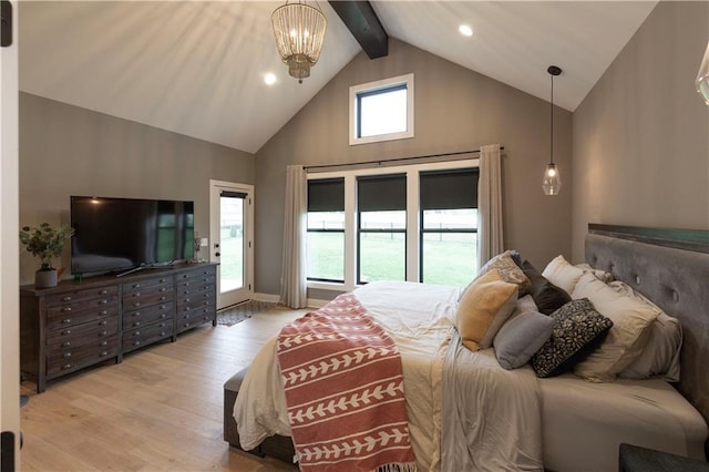 17328 Richards St, Overland Park, KS 66221 - bedroom featuring high vaulted ceiling, wood finished floors, access to exterior, beam ceiling, and recessed lighting