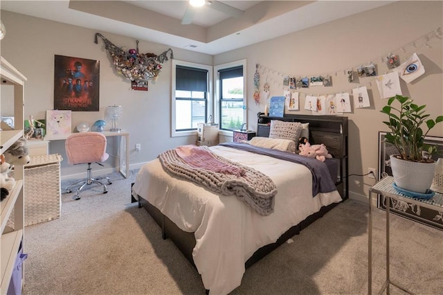 17328 Richards St, Overland Park, KS 66221 - bedroom featuring carpet floors, a tray ceiling, and a ceiling fan