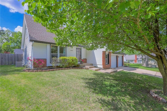 obstructed view of property featuring concrete driveway, a garage, a shingled roof, and central AC