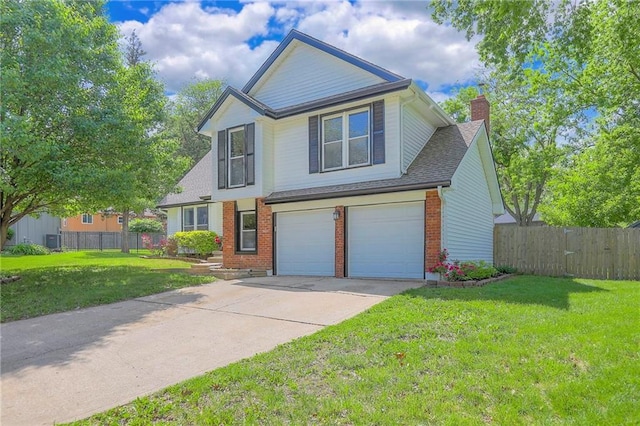 traditional-style home featuring a chimney, an attached garage, concrete driveway, and brick siding