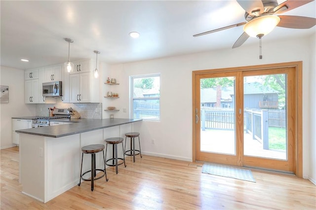 kitchen featuring stainless steel appliances, a peninsula, dark countertops, backsplash, and light wood-type flooring