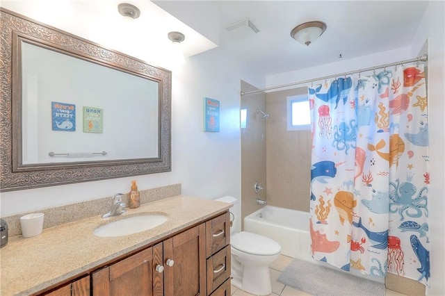 full bathroom with vanity, shower / bath combination with curtain, toilet, and tile patterned floors