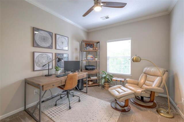 16141 Linden St, Stilwell, KS 66085 - office space with carpet flooring, a ceiling fan, baseboards, and crown molding