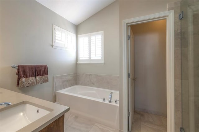 16141 Linden St, Stilwell, KS 66085 - full bath with a bath, lofted ceiling, vanity, and a shower with door
