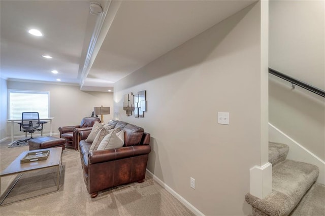 16141 Linden St, Stilwell, KS 66085 - living room with recessed lighting, light colored carpet, baseboards, crown molding, and stairs