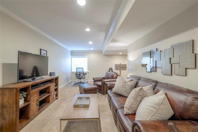 16141 Linden St, Stilwell, KS 66085 - living area with crown molding, light carpet, baseboards, and recessed lighting