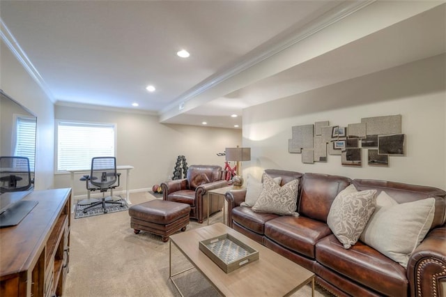 16141 Linden St, Stilwell, KS 66085 - carpeted living area with crown molding, recessed lighting, and baseboards