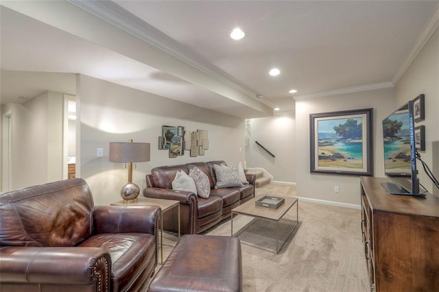 16141 Linden St, Stilwell, KS 66085 - living area with light colored carpet, ornamental molding, recessed lighting, and baseboards