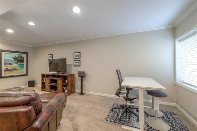 16141 Linden St, Stilwell, KS 66085 - living room featuring light carpet, ornamental molding, recessed lighting, and baseboards