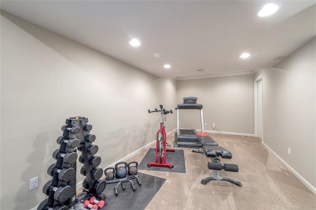 16141 Linden St, Stilwell, KS 66085 - workout area with recessed lighting, baseboards, carpet flooring, and ornamental molding