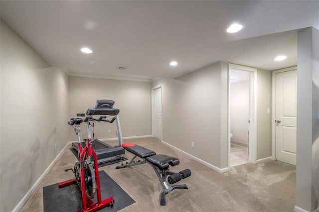 16141 Linden St, Stilwell, KS 66085 - exercise area featuring recessed lighting, baseboards, carpet flooring, and ornamental molding