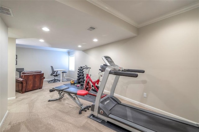 16141 Linden St, Stilwell, KS 66085 - workout area featuring baseboards, crown molding, recessed lighting, and carpet flooring