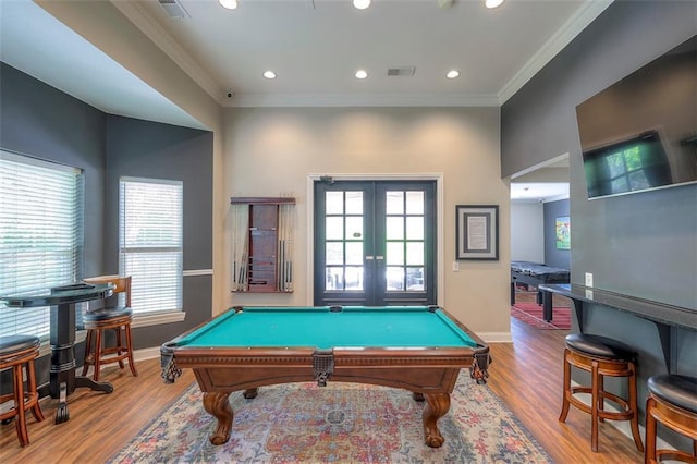 16141 Linden St, Stilwell, KS 66085 - playroom with french doors, crown molding, baseboards, recessed lighting, and billiards table