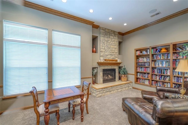 16141 Linden St, Stilwell, KS 66085 - carpeted living area with crown molding, recessed lighting, a stone fireplace, and baseboards