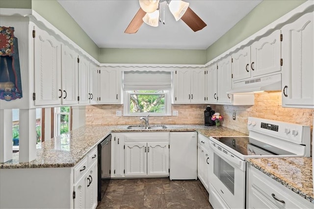 kitchen featuring white electric range oven, under cabinet range hood, a sink, stainless steel dishwasher, and tasteful backsplash
