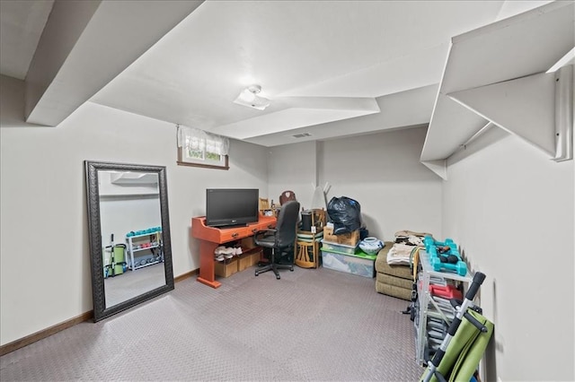 carpeted home office featuring baseboards