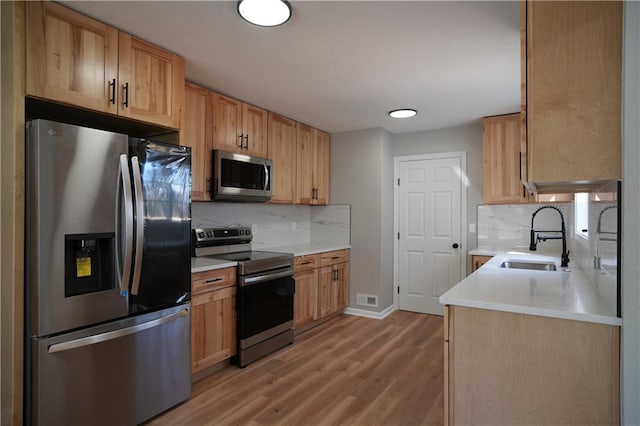 10514 E 35th St S, Independence, MO 64052 - kitchen featuring stainless steel appliances, a sink, light wood finished floors, light countertops, and backsplash