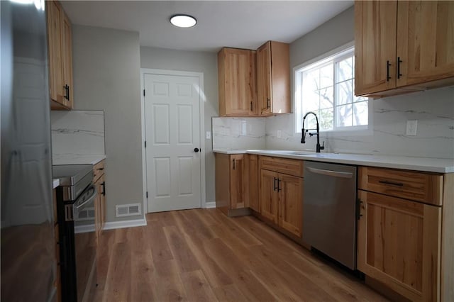 10514 E 35th St S, Independence, MO 64052 - kitchen with stainless steel dishwasher, range with electric stovetop, a sink, backsplash, and light wood-style floors
