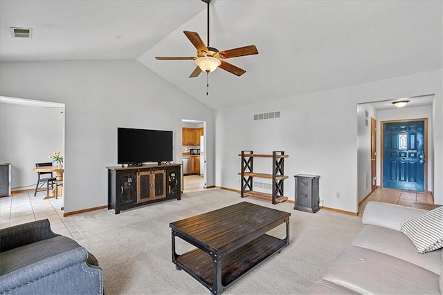 living area featuring ceiling fan, baseboards, light colored carpet, and high vaulted ceiling