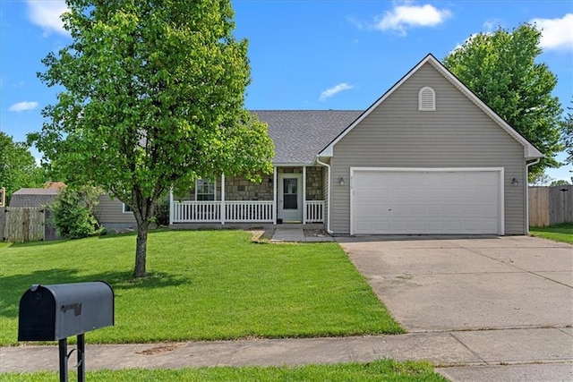 view of front of house featuring covered porch, driveway, an attached garage, stone siding, and roof with shingles