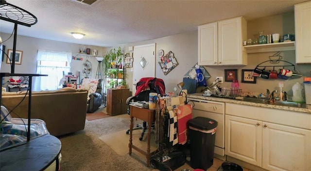 817 S Hardy Ave, Independence, MO 64053 - kitchen featuring a sink, light colored carpet, a textured ceiling, light countertops, and open shelves