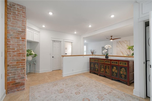 kitchen featuring white cabinets, recessed lighting, baseboards, and a ceiling fan