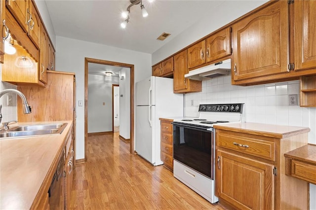721 Cupid Ct, Raymore, MO 64083 - kitchen featuring under cabinet range hood, white appliances, a sink, brown cabinets, and decorative backsplash
