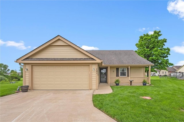 721 Cupid Ct, Raymore, MO 64083 - ranch-style home with a front yard, concrete driveway, a garage, and covered porch
