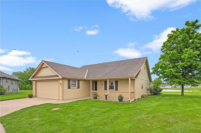 721 Cupid Ct, Raymore, MO 64083 - view of front facade featuring a front lawn, a porch, a garage, and concrete driveway