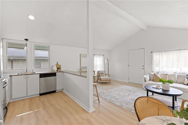 kitchen with stainless steel dishwasher, a sink, light wood-style flooring, baseboards, and open floor plan