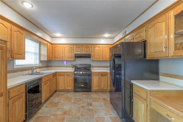 5805 N Belton Ave, Kansas City, MO 64151 - kitchen with black appliances, under cabinet range hood, a sink, and light countertops