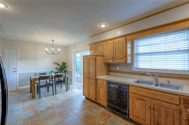 5805 N Belton Ave, Kansas City, MO 64151 - kitchen with black dishwasher, a sink, a chandelier, light countertops, and recessed lighting