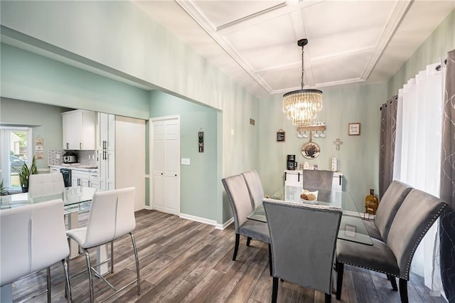 dining room featuring coffered ceiling, dark wood-style flooring, a chandelier, and baseboards