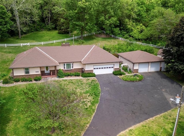 view from above of property with a forest