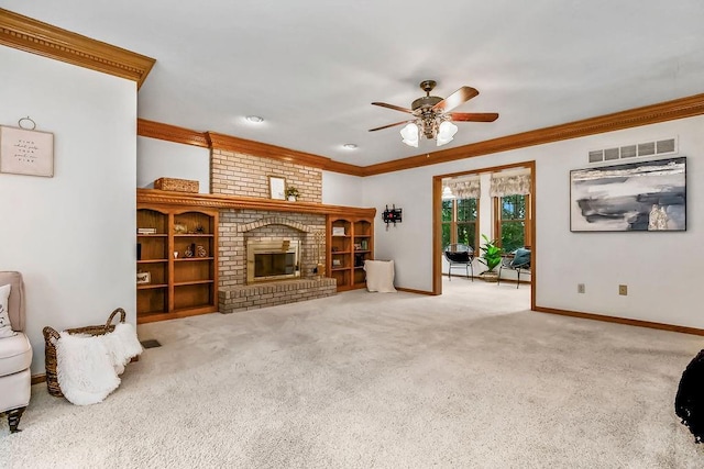 2820 S Victoria Ln, Blue Springs, MO 64015 - carpeted living room featuring ornamental molding, ceiling fan, baseboards, and a brick fireplace
