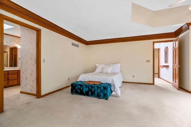 2820 S Victoria Ln, Blue Springs, MO 64015 - bedroom with crown molding, light colored carpet, baseboards, and ensuite bathroom