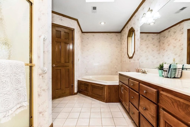 2820 S Victoria Ln, Blue Springs, MO 64015 - full bathroom with crown molding, wallpapered walls, tile patterned flooring, a bath, and vanity