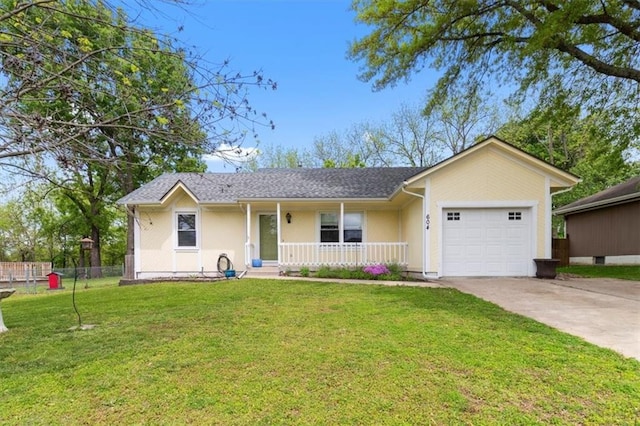 ranch-style home with covered porch, an attached garage, driveway, a front yard, and stucco siding