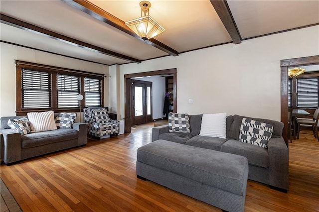 108 W 61st Ter, Kansas City, MO 64113 - living room with beamed ceiling and hardwood / wood-style floors