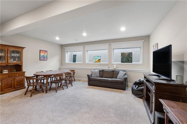 9424 N Belleview Ave, Kansas City, MO 64155 - living room featuring light carpet, recessed lighting, and baseboards