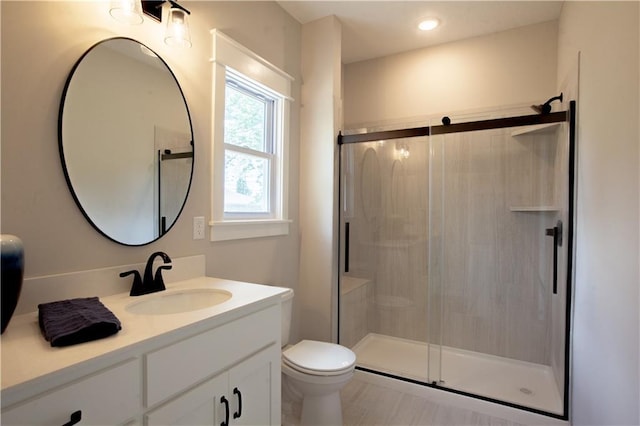 full bath featuring vanity, a shower stall, and toilet