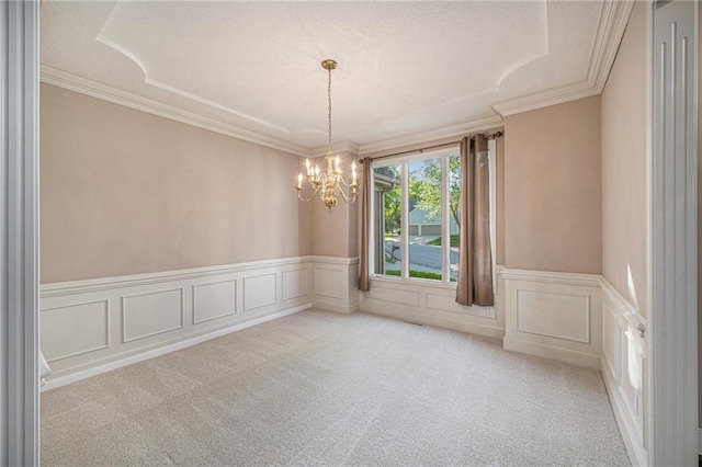 6209 NW 78th St, Kansas City, MO 64151 - unfurnished room featuring light carpet, a chandelier, crown molding, wainscoting, and a decorative wall